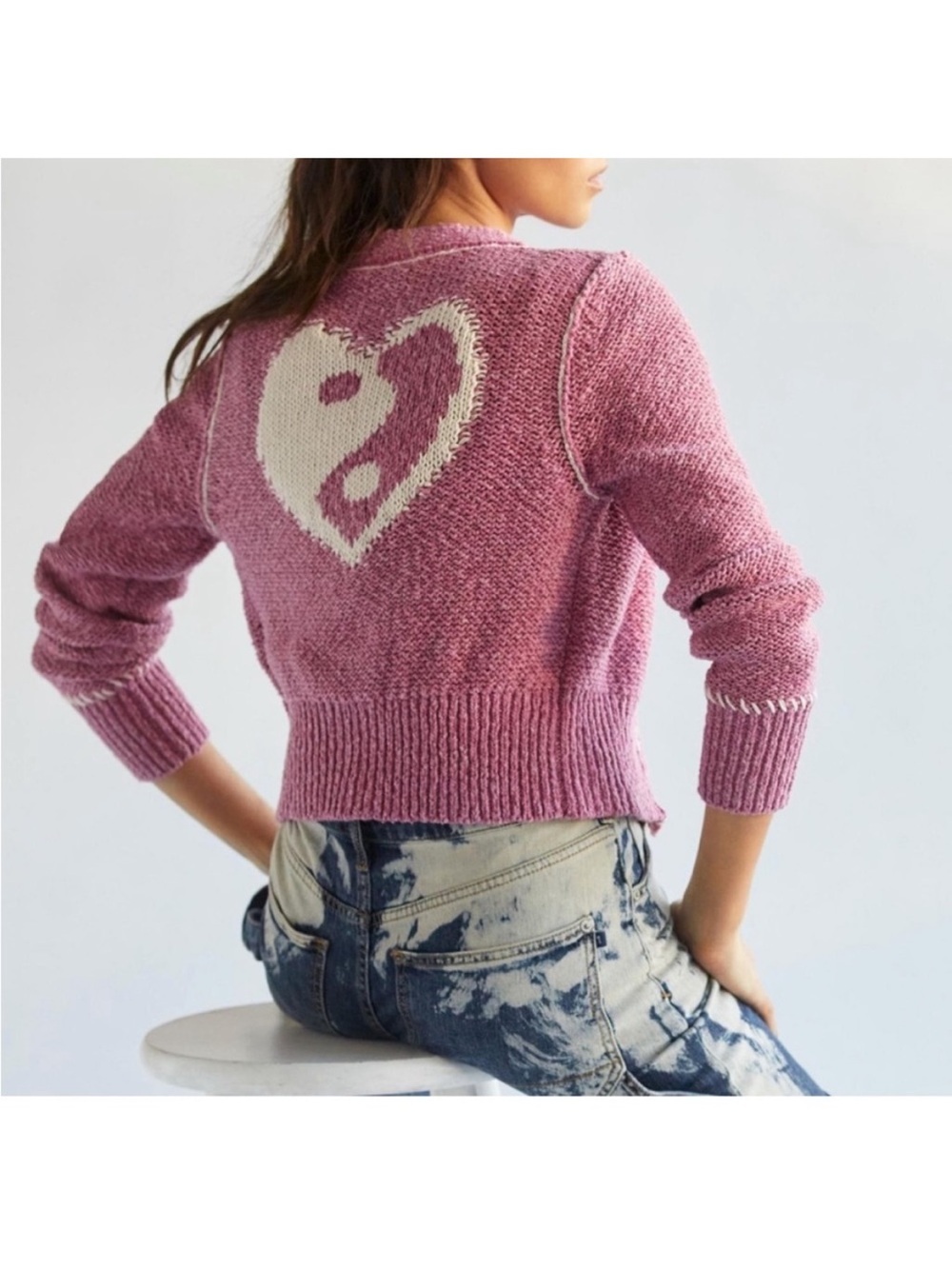 Anthropologie Pilcro Icon Heart Ying Yang Knit Cardigan Size XSP Chic Boho 90s